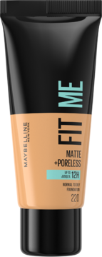 Podkład Maybelline Fit Me Matte + Poreless, beżowa tubka z czarnym wykończeniem, napis 220, widok z przodu.