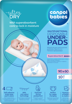 Canpol Babies podkłady jednorazowe Ultra Dry 90x60 cm, widok z przodu, z niemowlęciem na opakowaniu.