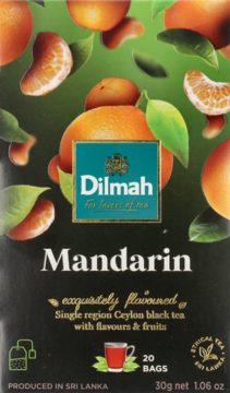 Front view of Dilmah Mandarin Ceylon black tea box. Dark green, with vivid orange slices and leaves, 20 tea bags.