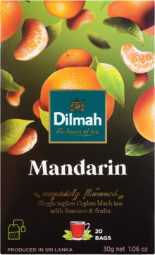 Dilmah Mandarin czarna herbata cejlońska, opakowanie z mandarynkami i liśćmi na ciemnym tle, widok z przodu.