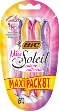 Blister pack 8 maszynek BIC Miss Soleil 3-ostrzowych, różowe, żółte i fioletowe, z Vitaminą E, widok z przodu.