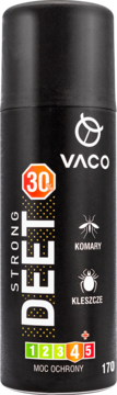 Czarny spray VACO Strong DEET 30% na komary i kleszcze, z logo i skalą mocy ochrony 1-5, widok z przodu.