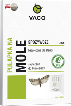 Biało-zielone pudełko VACO Pułapka na Mole Spożywcze, feromonowa, bezpieczna dla dzieci, frontalny widok.