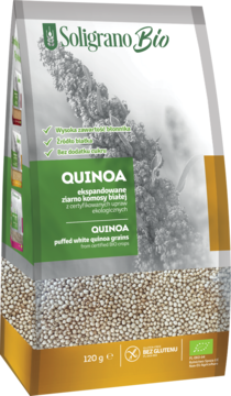 Soligrano BIO Quinoa ekspandowana biała 120g, biało-zielone opakowanie, widok frontalny, lekko pod kątem.