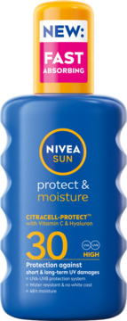 Nivea Sun Protect&Moisture SPF 30, niebieska butelka szybko wchłaniającego balsamu do opalania, widok z przodu.