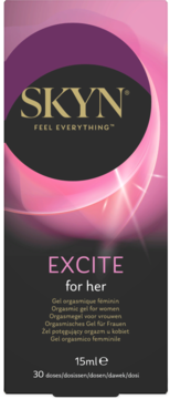SKYN EXCITE for her, orgasmic gel w czarnym opakowaniu z różowymi falami, widok z przodu, 15ml.
