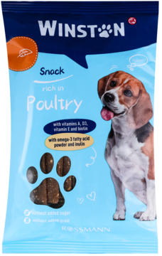 Niebieska paczka przysmaków Winston dla psa 'rich in Poultry', bezzbożowych, z wizerunkiem Beagle'a. Widoczne smakołyki.
