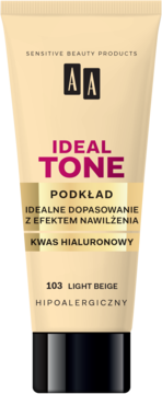Podkład AA Ideal Tone w beżowej tubce, odcień 103 Light Beige, z kwasem hialuronowym, widok z przodu.