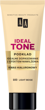 Beżowy podkład AA Ideal Tone 103 Light Beige z kwasem hialuronowym, nawilżający, widok frontowy.