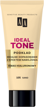 AA Ideal Tone podkład nawilżający z kwasem hialuronowym, 105 Sand. Beżowa tuba z czarną nakrętką, widok przód.