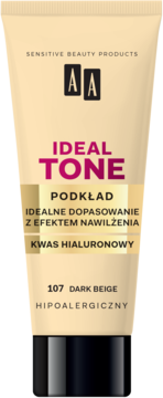 Beżowy podkład AA Ideal Tone 107 Dark Beige z kwasem hialuronowym i efektem nawilżenia, widok z przodu.