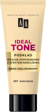 Beżowy podkład AA Ideal Tone 107 Dark Beige, nawilżający z kwasem hialuronowym w tubce. Widok z przodu.