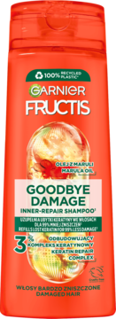 Garnier Fructis Goodbye Damage szampon odbudowujący, pomarańczowa butelka, olej marula i keratyna, widok z przodu.