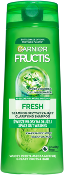 Garnier Fructis Fresh szampon oczyszczający, zielona butelka, ogórek i kwas salicylowy na tłuste włosy, przód.