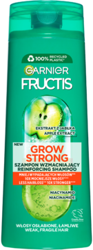 Zielony szampon Garnier Fructis Grow Strong z jabłkiem, wzmacnia włosy osłabione i łamliwe, widok z przodu.