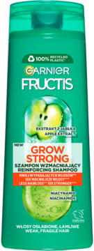 Zielony szampon Garnier Fructis Grow Strong z jabłkiem, wzmacnia włosy osłabione i łamliwe, widok z przodu.