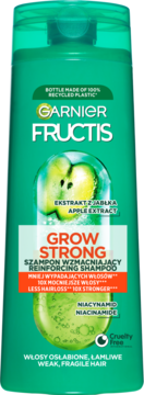 Zielony szampon Garnier Fructis Grow Strong, z jabłkiem i niacynamidem, do włosów osłabionych, widok z przodu.