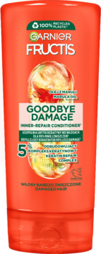 Garnier Fructis Goodbye Damage Inner-Repair Conditioner, pomarańczowa butelka, przód, z keratyną i olejkiem Marula.
