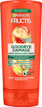 Pomarańczowa odżywka Garnier Fructis Goodbye Damage z olejkiem marula i keratyną, widok z przodu, do włosów zniszczonych.