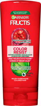 Czerwona butelka Garnier Fructis Color Resist, odżywka do włosów farbowanych z ekstraktem acai.