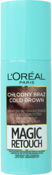 Turkusowy spray L'Oréal Magic Retouch Cold Brown do maskowania odrostów, widok z przodu, brązowa etykieta.