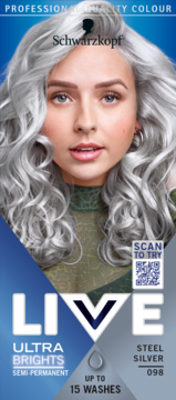 Schwarzkopf Live Ultra Brights Steel Silver 098 farba do włosów, opakowanie z modelką o srebrnych włosach.