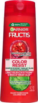Czerwony szampon Garnier Fructis Color Resist dla włosów farbowanych, z ekstraktem Acai i filtrem UV, widok przód.