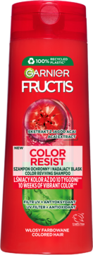 Czerwony szampon Garnier Fructis Color Resist dla włosów farbowanych, z ekstraktem Acai i filtrem UV, widok przód.