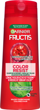 Czerwony szampon Garnier Fructis Color Resist dla włosów farbowanych, 10 tygodni koloru, widok z przodu.
