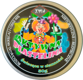 Aktywna Plastelina 50g w okrągłym, czarnym opakowaniu z wizerunkiem uśmiechniętego klauna, świecąca w ciemności.