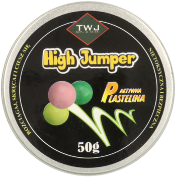 Okrągłe, czarne metalowe opakowanie plasteliny High Jumper Aktywna Plastelina 50g z trzema kolorowymi kulkami, widok z góry.