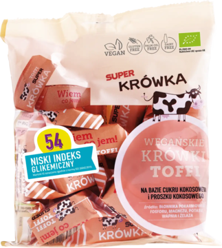 Biała torebka Super Krówka z wegańskimi krówkami toffi. Widoczne logo, numer 54 i informacja 'Niski Indeks Glikemiczny'.
