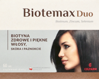Biotemax Duo suplement z biotyną, cynkiem, selenem, dla włosów i skóry, w biało-brązowym pudełku.