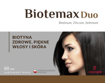 Biotemax Duo suplement, brązowo-białe pudełko z napisem „Biotyna ZDROWE, PIĘKNE WŁOSY I SKÓRA” i kobietą.