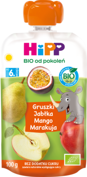 HIPP BIO od pokoleń 100% owoców,mus w tubce, Gruszki, Jabłka, Mango i Marakuja, 6m+,przód