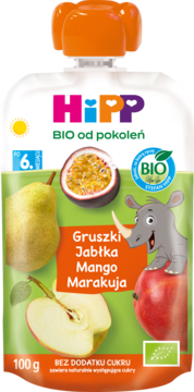 HiPP BIO mus owocowy gruszka, jabłko, mango, marakuja 100g, z przodu opakowania z nosorożcem.