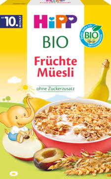 Żółto-zielone opakowanie HiPP BIO Früchte Müsli. Banany, jabłka, śliwki i miska musli, bez cukru, od 10 m-ca.