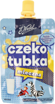 Jasnoniebieska tubka kremu mlecznego E. Wedel Czeko Tubka z żółtą zakrętką, z ilustracją zebry i dziecka.