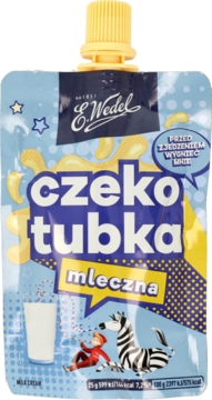 Jasnoniebieska tubka kremu mlecznego E. Wedel Czeko Tubka z żółtą zakrętką, z ilustracją zebry i dziecka.