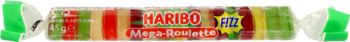 Haribo żelki owocowe kwaśne 45g w foliowym opakowaniu z logo Haribo i napisem FIZZ, widok z przodu.