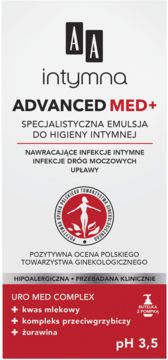Biała butelka AA Intymna Advanced Med+ emulsja do higieny intymnej z pompką, widok z przodu, pH 3.5.