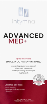 AA Intymna Advanced Med+ emulsja do higieny intymnej, biała butelka z czerwonym MED+, wspiera przy infekcjach.