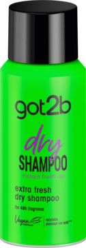 Zielony suchy szampon got2b Fresh It Up Extra Fresh, widok z przodu, czarna nakrętka, napisy 'dry SHAMPOO'.