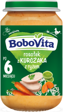 Słoik BoboVita rosołek z kurczaka z ryżem, zielona etykieta z rysunkami mięsa i warzyw, dla dzieci po 6 miesiącu.
