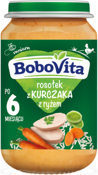 Słoik BoboVita rosołek z kurczaka z ryżem, zielona etykieta z rysunkami mięsa i warzyw, dla dzieci po 6 miesiącu.