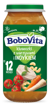 Słoiczek BoboVita Kluseczki z warzywami i indykiem po 12 miesiącu. Na etykiecie indyk, warzywa, makaron, widok z przodu.