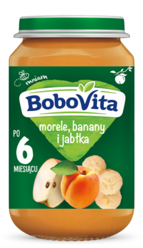 BoboVita przecier morele, banany, jabłka w szklanym słoiku, zielona etykieta z owocami, widok z przodu.