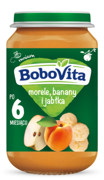 BoboVita przecier morele, banany, jabłka w szklanym słoiku, zielona etykieta z owocami, widok z przodu.