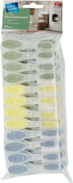 Flink & Sauber Soft Grip Wäscheklammern, 24 szt., w przezroczystym opakowaniu, zielone, żółte, niebieskie, widok przód.
