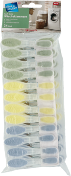 Flink & Sauber Soft Grip Wäscheklammern, 24 szt., w przezroczystym opakowaniu, zielone, żółte, niebieskie, widok przód.